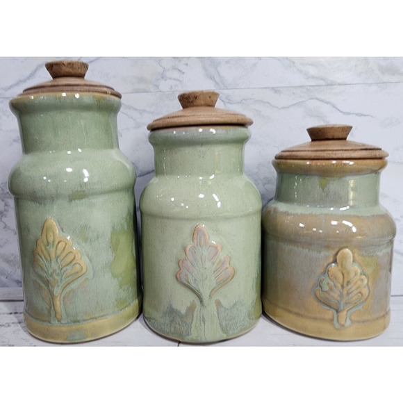 Foreside 'Leaf' Food Safe Canister Set w/Mango Wooden Lids, Vintage, Set of 3 - Picture 1 of 16